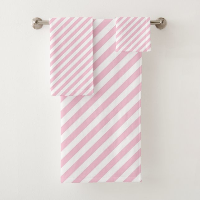 Diagonal white and pink stripes pattern bath towel set (Insitu)