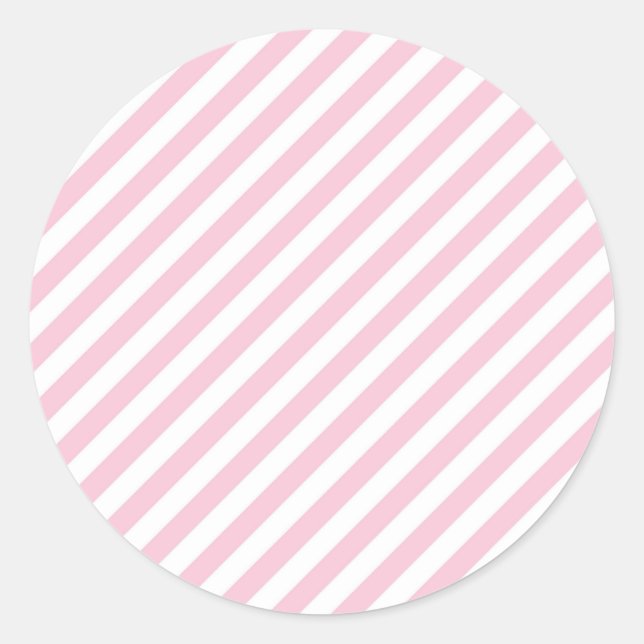 Diagonal white and pink stripes pattern classic round sticker (Front)