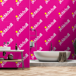 Diagonal White Yellow PICKLEBALL Text On Hot Pink Wallpaper