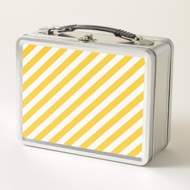 Diagonal yellow and white stripes pattern  metal lunch box (Front)