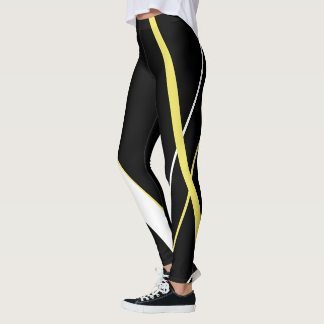 Diagonal Yellow Stripes Pattern Black and White   Leggings (Left)