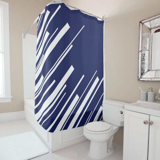 Diagonals - Blue and White Shower Curtain (In Situ)