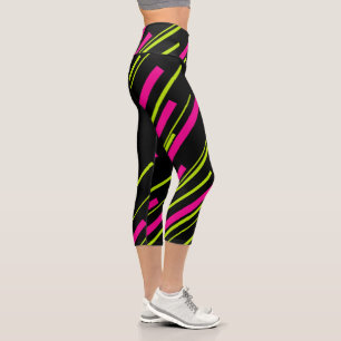 Diagonals in Lime Green, Hot Pink and Black Capri Leggings