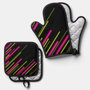 Diagonals in Lime Green, Hot Pink and Black Oven Mitt & Pot Holder Set