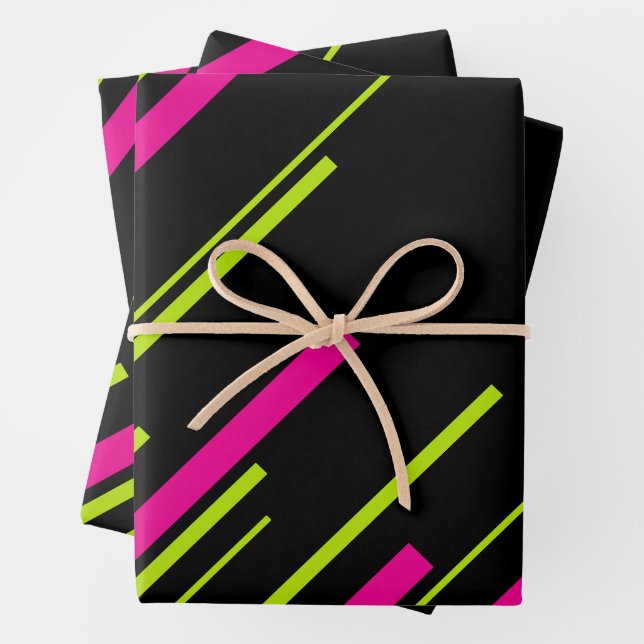 Diagonals in Lime Green, Hot Pink and Black Wrapping Paper Sheet (In situ)