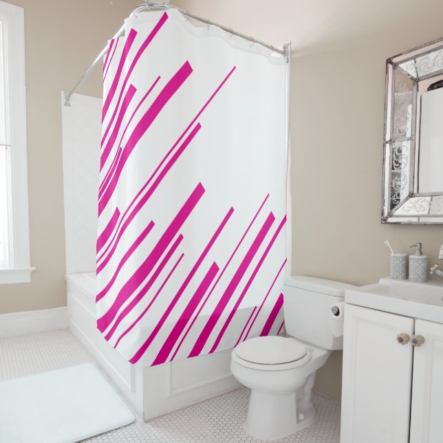 Diagonals in Magenta and White Shower Curtain (In Situ)