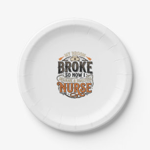 Dialysis Nurse Halloween Broom Broke Vintage Desig Paper Plate