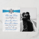 Diamante Snowflake & Blue Ribbon Winter Wedding<br><div class="desc">Celebrate in style with these elegant and very trendy real foil pressed wedding save the date photo cards. The design is easy to personalise with your own wording and a photo of your choice and your guests will be thrilled when they receive these fabulous save the date cards. Matching wedding...</div>