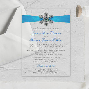 Diamante Snowflake & Blue Ribbon Winter Wedding Acrylic Invitations
