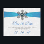 Diamante Snowflake & Blue Ribbon Winter Wedding Announcement Postcard<br><div class="desc">The diamante snowflake & blue ribbon wedding collection is perfect for any couple planning a romantic winter wedding celebration. The design features a light silvery grey and white snowflake textured background with a diamante snowflake on top of a silky looking ribbon. The wording incorporates the same silvery grey and blue...</div>