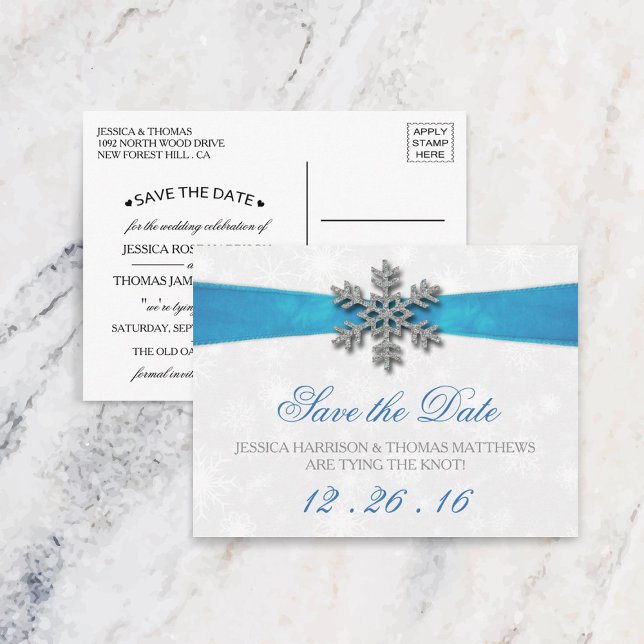 Diamante Snowflake & Blue Ribbon Winter Wedding Announcement Postcard (Creator Uploaded)