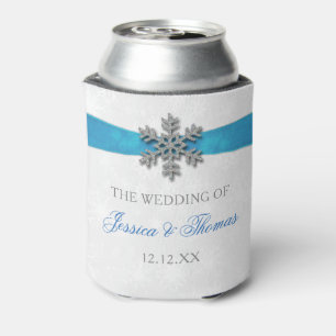 Diamante Snowflake & Blue Ribbon Winter Wedding Can Cooler