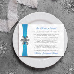 Diamante Snowflake & Blue Ribbon Winter Wedding Enclosure Card<br><div class="desc">The diamante snowflake & blue ribbon wedding collection is perfect for any couple planning a romantic winter wedding celebration. The design features a light silvery grey and white snowflake textured background with a diamante snowflake on top of a silky looking ribbon. The wording incorporates the same silvery grey and blue...</div>