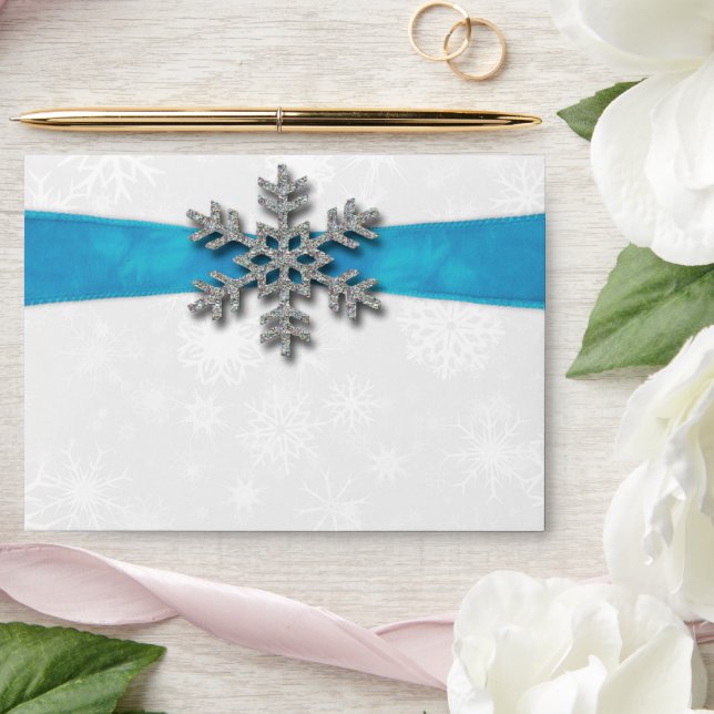 Diamante Snowflake & Blue Ribbon Winter Wedding Envelopes (Wedding)