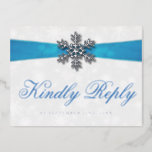 Diamante Snowflake & Blue Ribbon Winter Wedding Foil Invitation Postcard<br><div class="desc">Celebrate in style with these elegant winter wedding real foil pressed RSVP postcards. This design is easy to personalise with your own wording and your guests will be thrilled when they receive these fabulous postcards.</div>