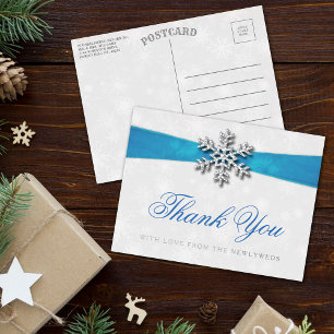 Diamante Snowflake & Blue Ribbon Winter Wedding Foil Invitation Postcard