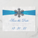 Diamante Snowflake & Blue Ribbon Winter Wedding Foil Invitation Postcard<br><div class="desc">Celebrate in style with these elegant winter wedding real foil pressed save the date postcards. This design is easy to personalise with your names and wedding date and your guests will be thrilled when they receive these fabulous postcards.</div>