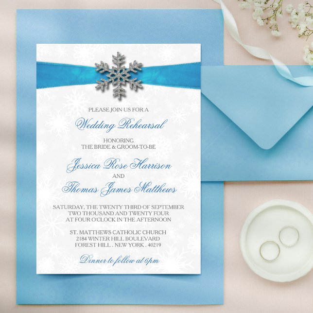 Diamante Snowflake & Blue Ribbon Winter Wedding Invitation (Creator Uploaded)
