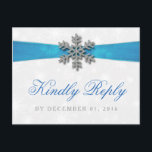 Diamante Snowflake & Blue Ribbon Winter Wedding Invitation Postcard<br><div class="desc">The diamante snowflake & blue ribbon wedding collection is perfect for any couple planning a romantic winter wedding celebration. The design features a light silvery grey and white snowflake textured background with a diamante snowflake on top of a silky looking ribbon. The wording incorporates the same silvery grey and blue...</div>