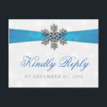 Diamante Snowflake & Blue Ribbon Winter Wedding Invitation Postcard<br><div class="desc">The diamante snowflake & blue ribbon wedding collection is perfect for any couple planning a romantic winter wedding celebration. The design features a light silvery grey and white snowflake textured background with a diamante snowflake on top of a silky looking ribbon. The wording incorporates the same silvery grey and blue...</div>