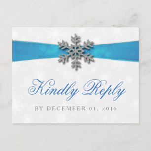 Diamante Snowflake & Blue Ribbon Winter Wedding Invitation Postcard