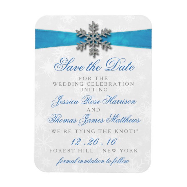 Diamante Snowflake & Blue Ribbon Winter Wedding Magnet (Vertical)
