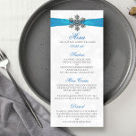 Diamante Snowflake & Blue Ribbon Winter Wedding Menu<br><div class="desc">The diamante snowflake & blue ribbon wedding collection is perfect for any couple planning a romantic winter wedding celebration. The design features a light silvery grey and white snowflake textured background with a diamante snowflake on top of a silky looking ribbon. The wording incorporates the same silvery grey and blue...</div>