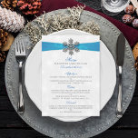 Diamante Snowflake & Blue Ribbon Winter Wedding Menu<br><div class="desc">The diamante snowflake & blue ribbon wedding collection is perfect for any couple planning a romantic winter wedding celebration. The design features a light silvery grey and white snowflake textured background with a diamante snowflake on top of a silky looking ribbon. The wording incorporates the same silvery grey and blue...</div>