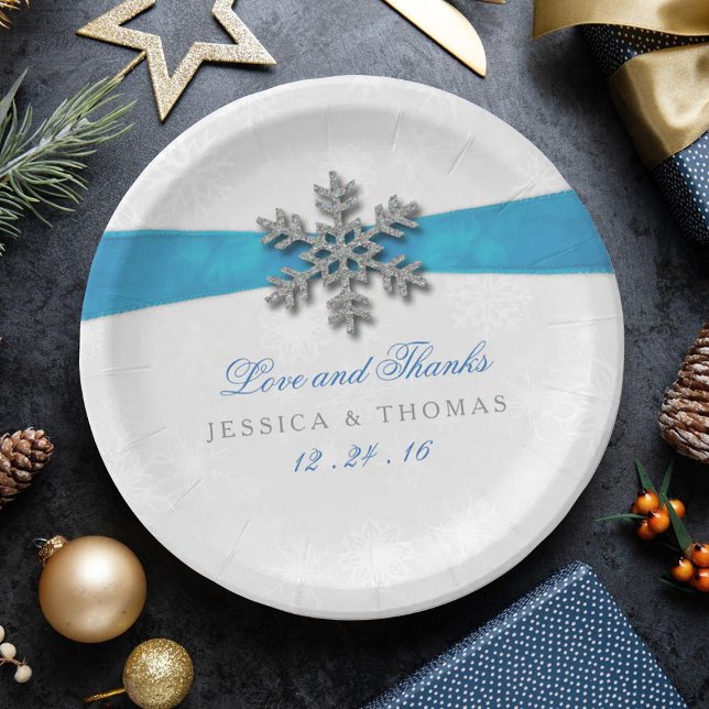 Diamante Snowflake & Blue Ribbon Winter Wedding Paper Plate (Creator Uploaded)