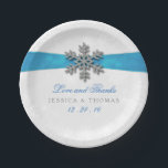 Diamante Snowflake & Blue Ribbon Winter Wedding Paper Plate<br><div class="desc">The diamante snowflake & blue ribbon wedding collection is perfect for any couple planning a romantic winter wedding celebration. The design features a light silvery grey and white snowflake textured background with a diamante snowflake on top of a silky looking ribbon. The wording incorporates the same silvery grey and blue...</div>
