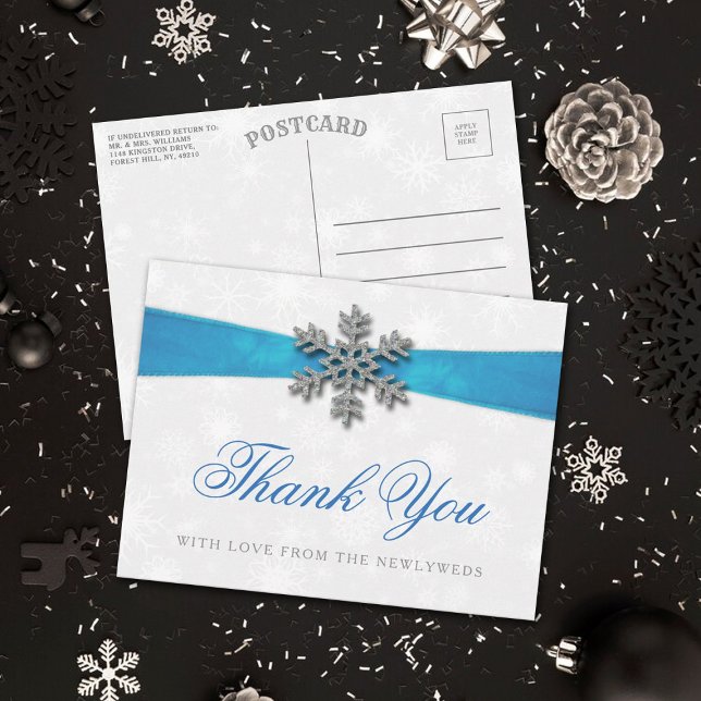 Diamante Snowflake & Blue Ribbon Winter Wedding Postcard (Creator Uploaded)