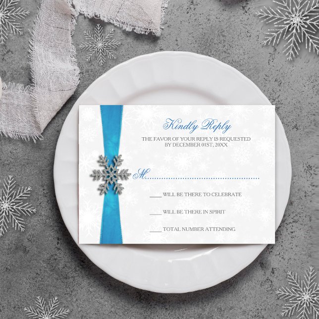 Diamante Snowflake & Blue Ribbon Winter Wedding RSVP Card (Creator Uploaded)