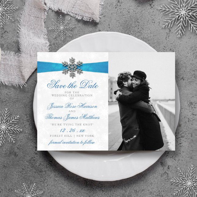 Diamante Snowflake & Blue Ribbon Winter Wedding Save The Date (Creator Uploaded)