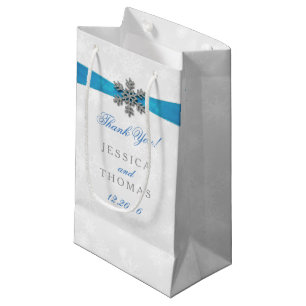 Diamante Snowflake & Blue Ribbon Winter Wedding Small Gift Bag