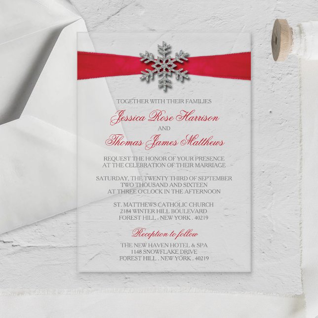 Diamante Snowflake & Red Ribbon Winter Wedding Acrylic Invitations (Creator Uploaded)