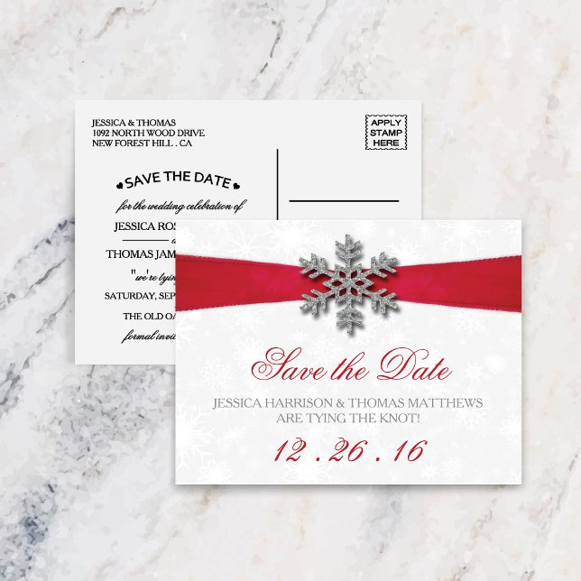 Diamante Snowflake & Red Ribbon Winter Wedding Announcement Postcard (Creator Uploaded)