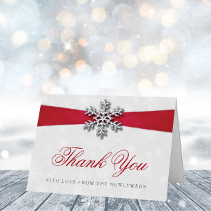 Diamante Snowflake & Red Ribbon Winter Wedding Foil Greeting Card