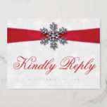 Diamante Snowflake & Red Ribbon Winter Wedding Foil Invitation Postcard<br><div class="desc">Celebrate in style with these elegant winter wedding real foil pressed RSVP postcards. This design is easy to personalise with your own wording and your guests will be thrilled when they receive these fabulous postcards.</div>