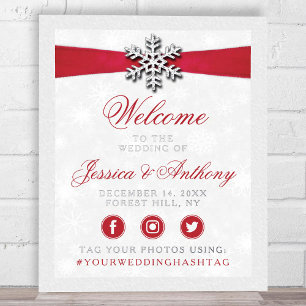 Diamante Snowflake & Red Ribbon Winter Wedding Foil Prints