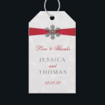 Diamante Snowflake & Red Ribbon Winter Wedding Gift Tags<br><div class="desc">The diamante snowflake & red ribbon wedding collection is perfect for any couple planning a romantic winter wedding celebration. The design features a light silvery grey and white snowflake textured background with a diamante snowflake on top of a silky looking ribbon. The wording incorporates the same silvery grey and red...</div>