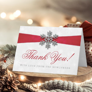 Diamante Snowflake & Red Ribbon Winter Wedding Holiday Card