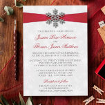 Diamante Snowflake & Red Ribbon Winter Wedding Invitation<br><div class="desc">The diamante snowflake & red ribbon wedding collection is perfect for any couple planning a romantic winter wedding celebration. The design features a light silvery grey and white snowflake textured background with a diamante snowflake on top of a silky looking ribbon. The wording incorporates the same silvery grey and red...</div>