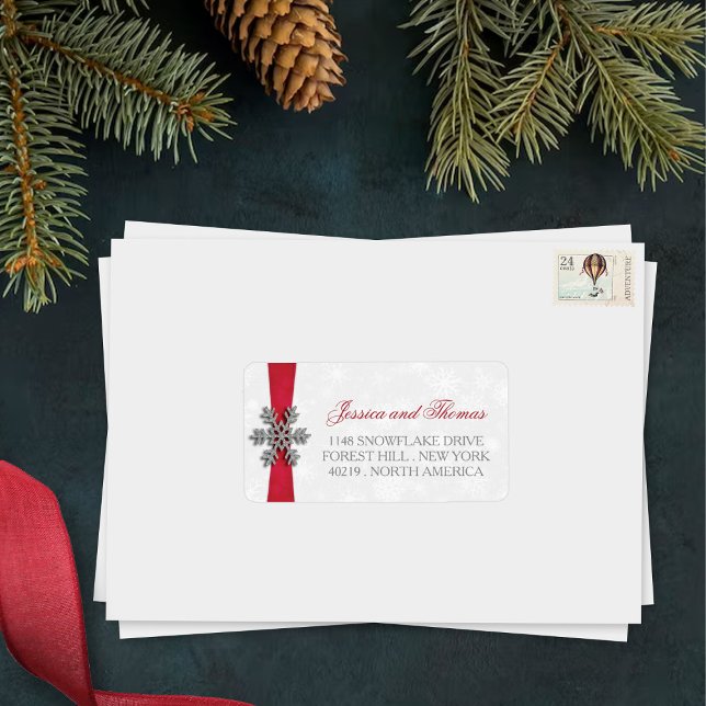Diamante Snowflake & Red Ribbon Winter Wedding Label (Creator Uploaded)