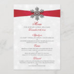 Diamante Snowflake & Red Ribbon Winter Wedding Menu<br><div class="desc">The diamante snowflake & red ribbon wedding collection is perfect for any couple planning a romantic winter wedding celebration. The design features a light silvery grey and white snowflake textured background with a diamante snowflake on top of a silky looking ribbon. The wording incorporates the same silvery grey and red...</div>