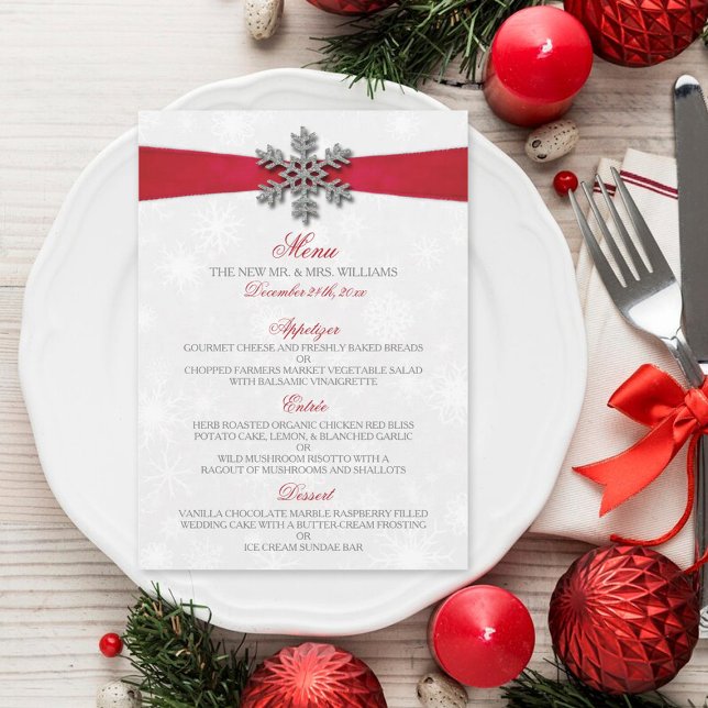 Diamante Snowflake & Red Ribbon Winter Wedding Menu (Creator Uploaded)