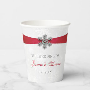 Diamante Snowflake & Red Ribbon Winter Wedding Paper Cups