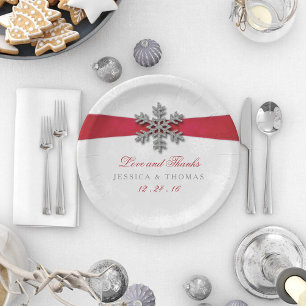 Diamante Snowflake & Red Ribbon Winter Wedding Paper Plate