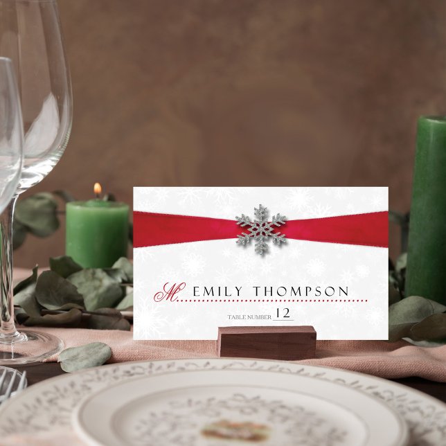 Diamante Snowflake & Red Ribbon Winter Wedding Place Card (Creator Uploaded)
