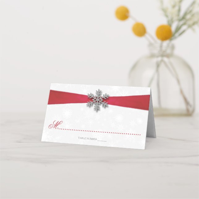 Diamante Snowflake & Red Ribbon Winter Wedding Place Card (Front)