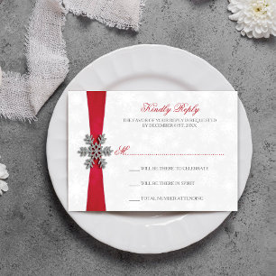 Diamante Snowflake & Red Ribbon Winter Wedding RSVP Card